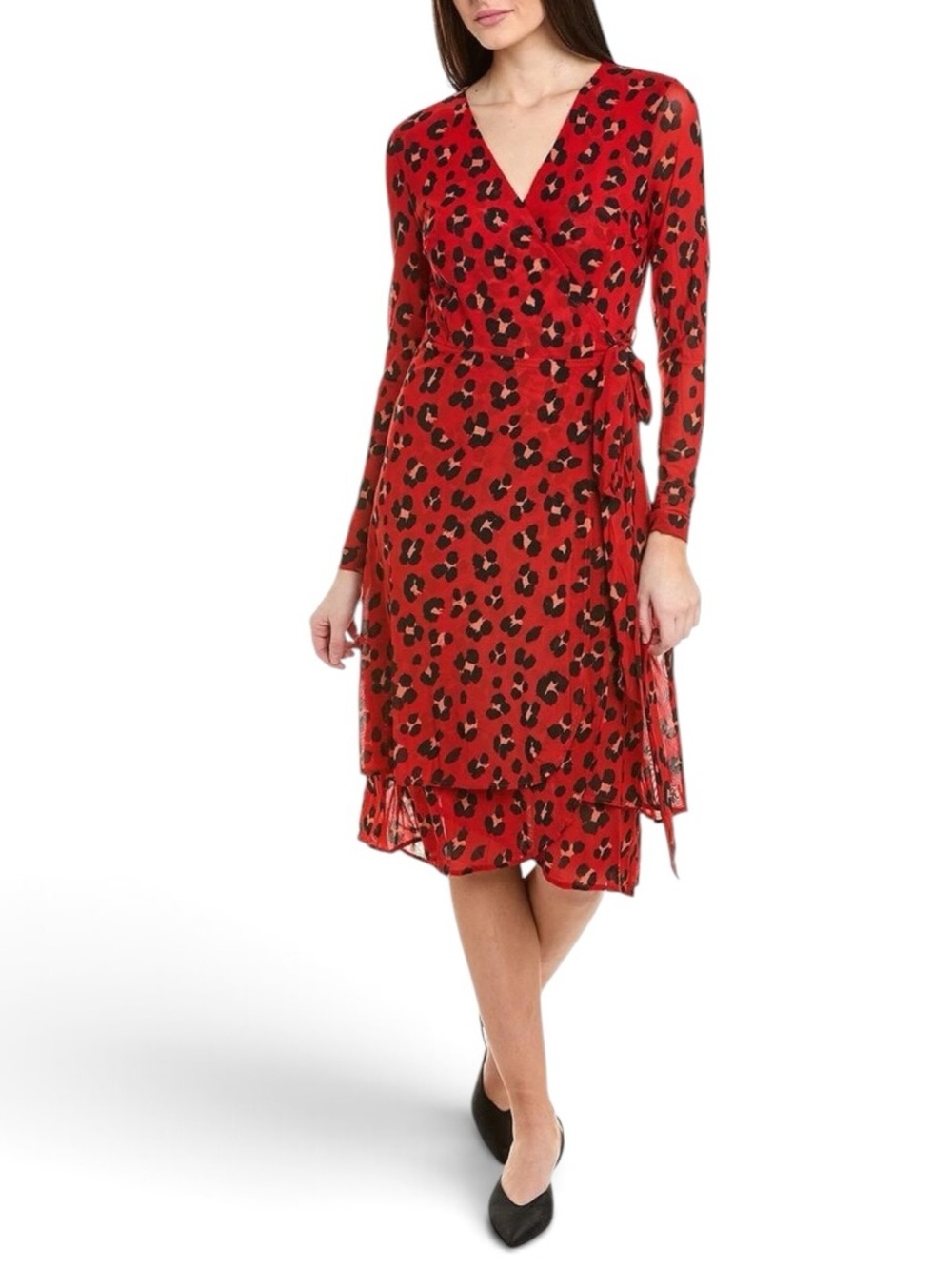 Cabi Siren Red Leopard Print Wrap Dress Size Medium Long Sleeve lightweight